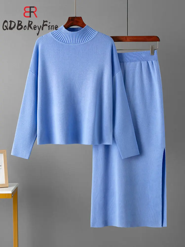 Women Knitted Skirt Sets Elegant Office Lady Long Sleeve Pullovers and Straight Midi Skirt Suits Slit Two Piece Sets Women 2024