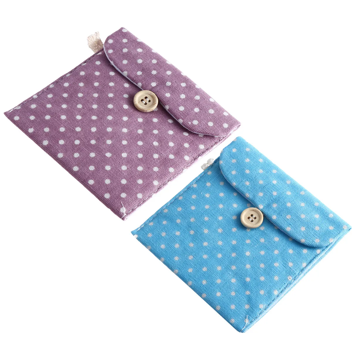 Women's Polka Dot Cotton Sanitary Pouch for Menstrual Pads Tampons Nursing Pads Coin Change Keys Cards Jewelry Organizer Blue