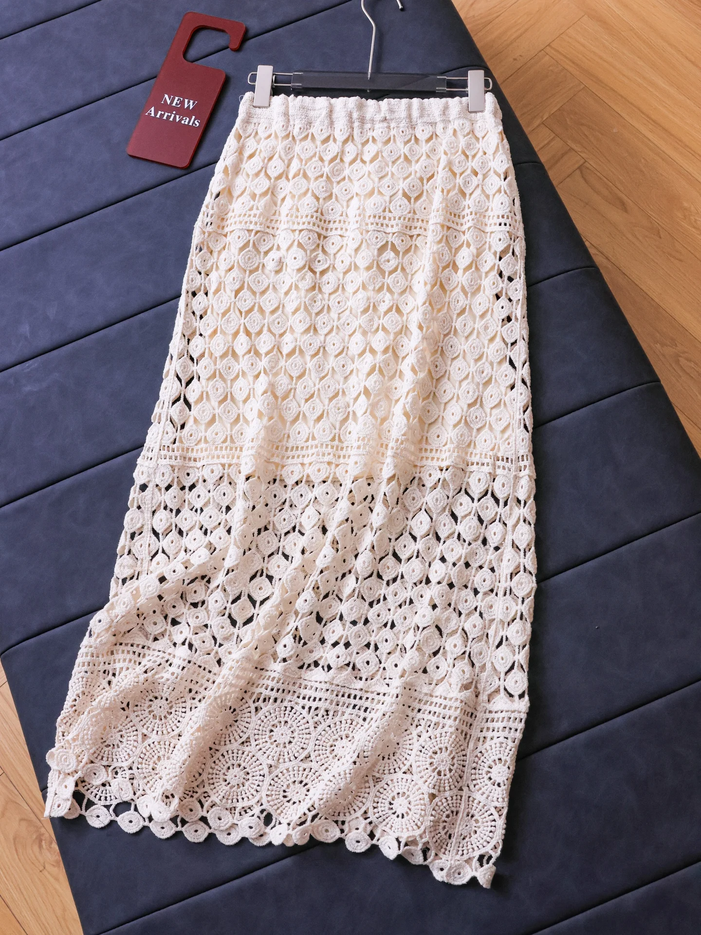 Slimming Lace Half Skirt with Elastic Waist Knitted Long Gown Hollow out Hook Design for Women Straight Cut Summer Fashion