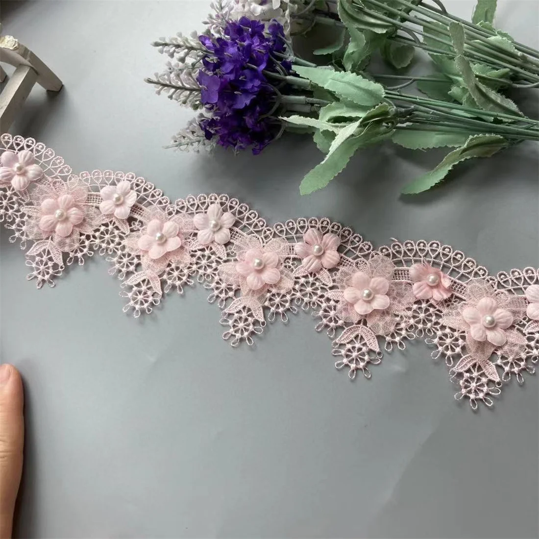 1 Yard Luxury Pink Lace Fabric Pearl Organza Tulle 3D Beads Flowers Embroidery Ribbon Trim Edge For DIY Sewing Neckline Decor