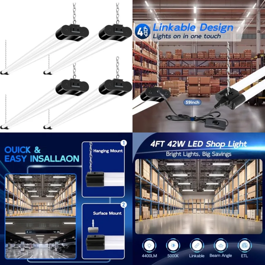 

4 Pack Linkable LED Shop Light, 4Feet 42W [250W Equivalent], 4400lm, 5000K Daylight, with Plug, Utility Light Fixture, Hanging