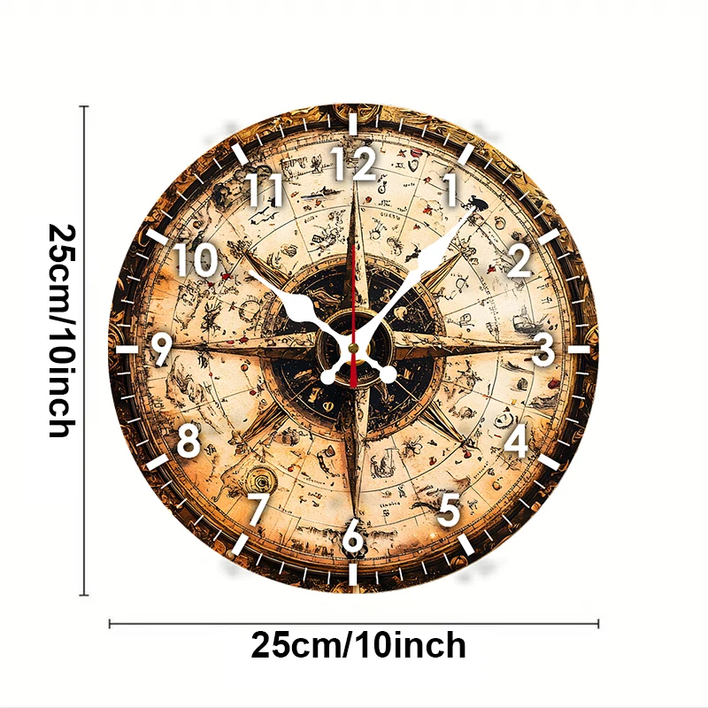Ocean Themed Compass Wooden Round Silent Hanging Wall Clock,Suitable For Living Room,Office,Study Room, Bedroom, Home Decoration