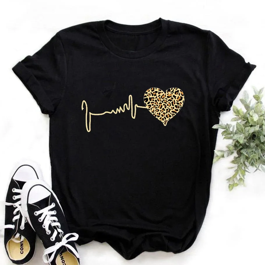 

Plus - Size Black Cotton Tee, Leopard Heart & Pulse Line Graphic, Comfort Fit