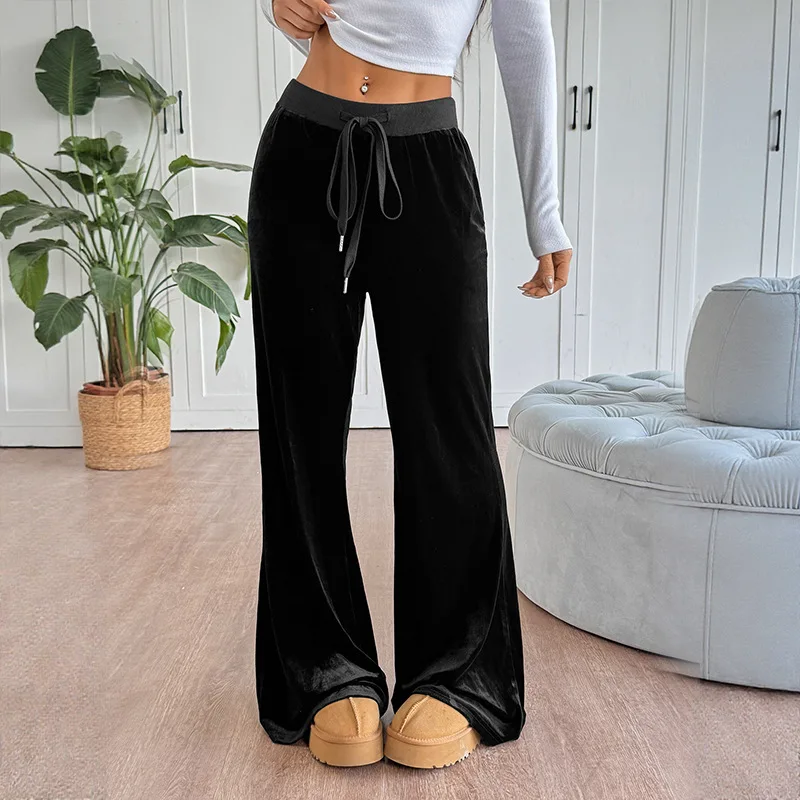 Chic Autumn Trousers Casual Simple Style Pants Women's Basic Drawstring Contrasting Color Velvet Wide-leg Pants Y2K
