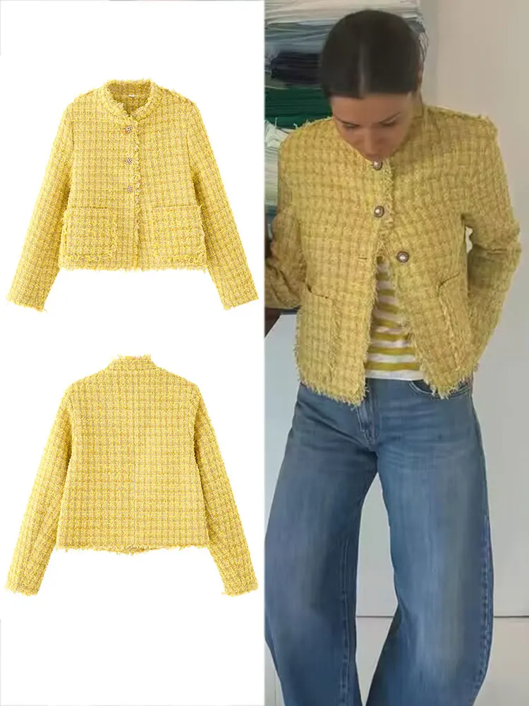 

TRAFZA Women Fashion Yellow Tweed Cardigan Coat Long Sleeve Button Short Jacket With Pockets Autumn Winter Lady Sweet Outwear