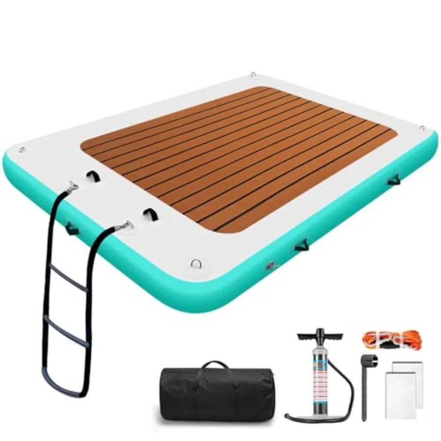 Inflatable Floating Dock Platform for lake, sea, swimming pool use; PVC material; blue color; quick-inflate design with storage
