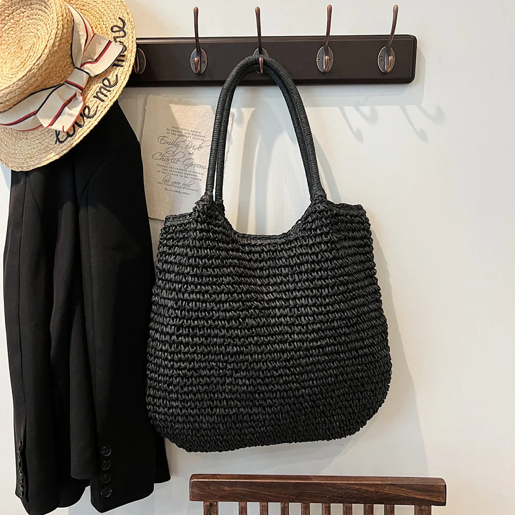 

Women Straw Tote Handbag Large Capacity Crochet Beach Handbag Hasp Closure Retro Straw Handbag Ladies Summer Daily Bag
