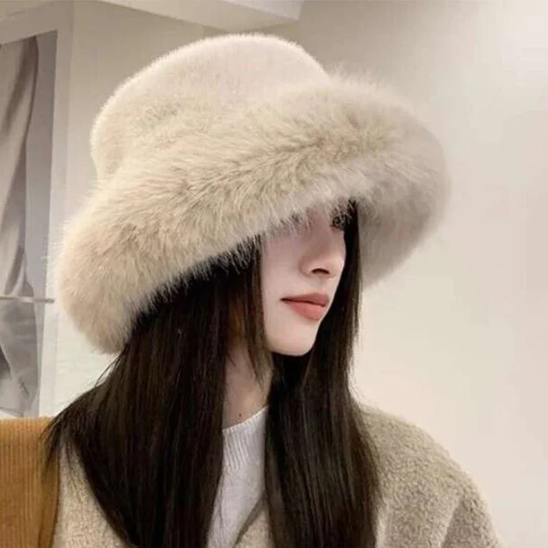 2024 New Women's Fashion Fur Cap Fur Hat Fur Autumn Winter Hats Mongolian Hat Brimless Plush Fluffy Skiing Riding Warm Caps