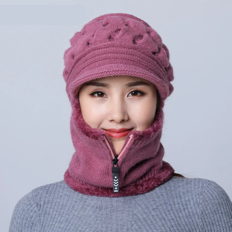 Frauen Gestrickte Schal Maske Hut Set Winter Warme Beanie Hut Elastische Weiche Gestrickte Gehörschutz Winddicht Schnee Ski Cap Einteilige hut – Detail 9