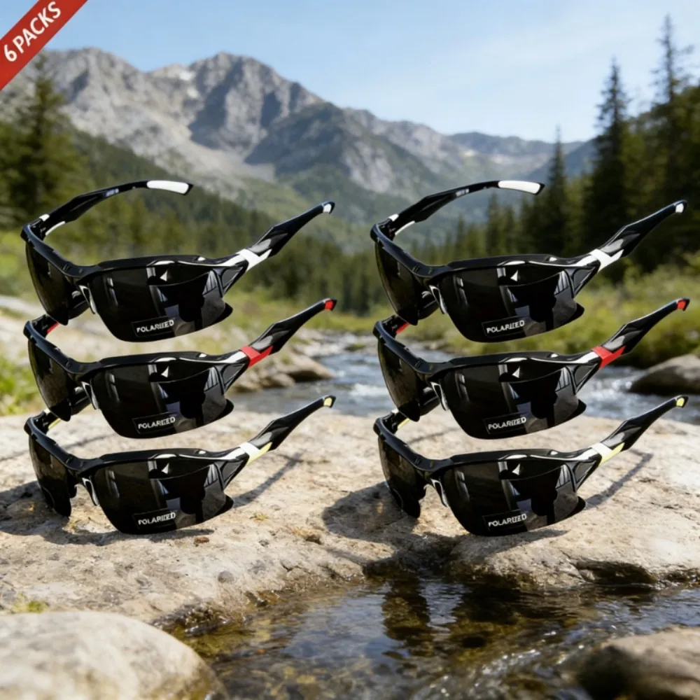 6PCS New Cross-Border Outdoor Sports, Skiing, Driving Half-Frame Polarized Sunglasses Men's Running Fishing Sunglasses Sun Protection lightweight Goggles, Random Colors
