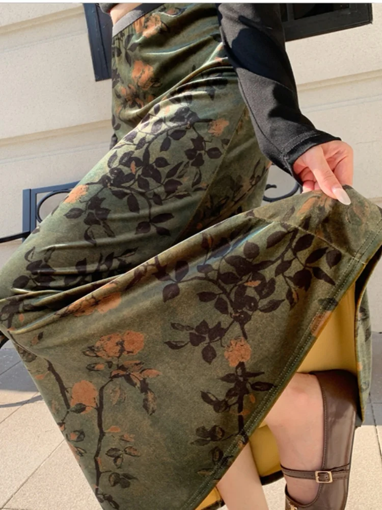 SMTHMA 2025 automne/hiver rétro nouvelle jupe imprimée en velours chinois pour les femmes jupe trapèze taille haute élastique