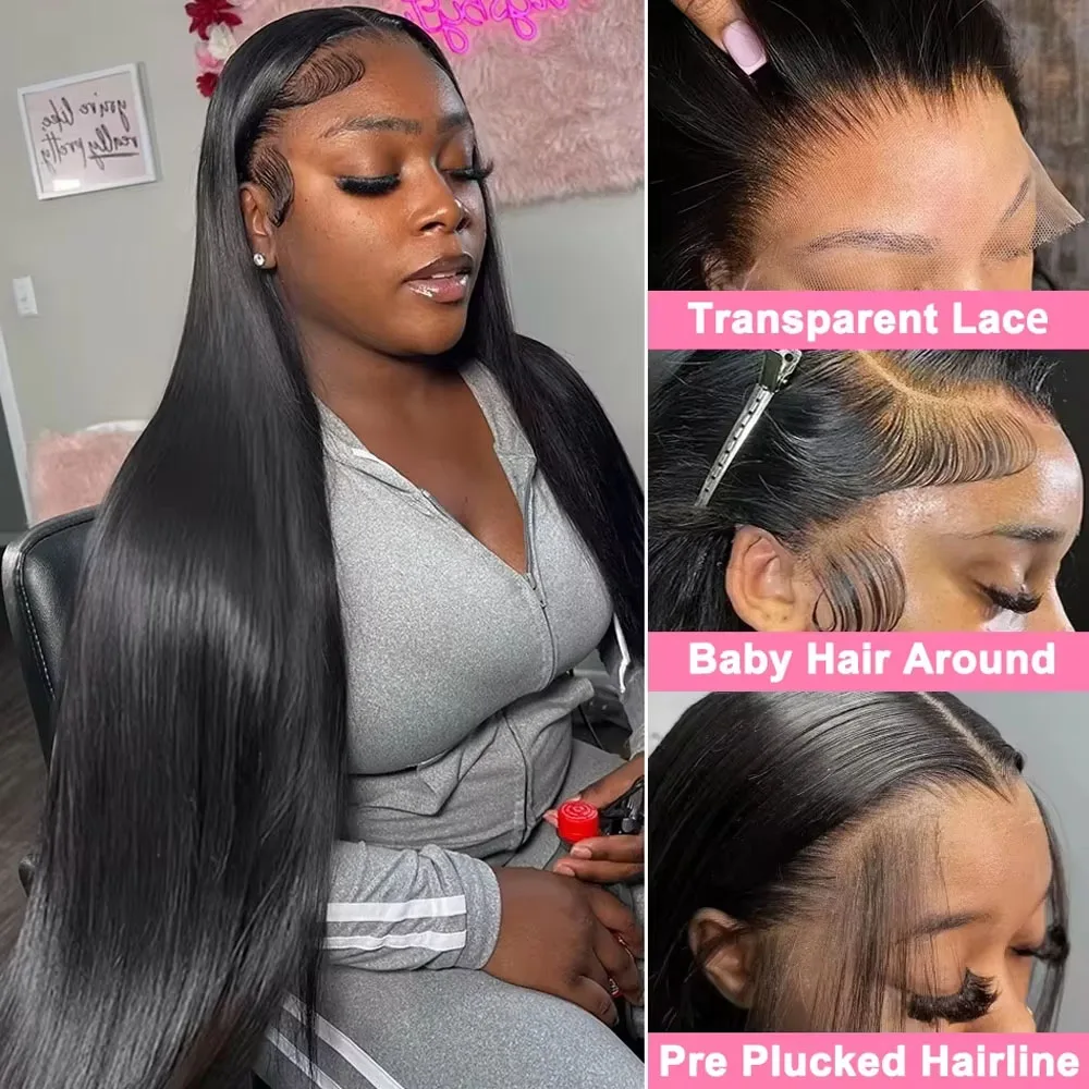 40 Inch 13x4 Transparent Straight Lace Front Wigs 250 Density Brazilian 13x6 HD Lace Frontal Human Hair Wig Long Black Straight Blended Human Lace Wig Pre Plucked Hairline With Baby Hair For Women