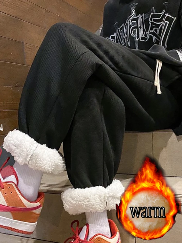 Herbst- und Winter-Fleece-gefütterte, dicke Waffelhose für Damen und Herren, lässige sportliche lange Hose, lockere Jogginghose mit geradem Bein und weitem Bein