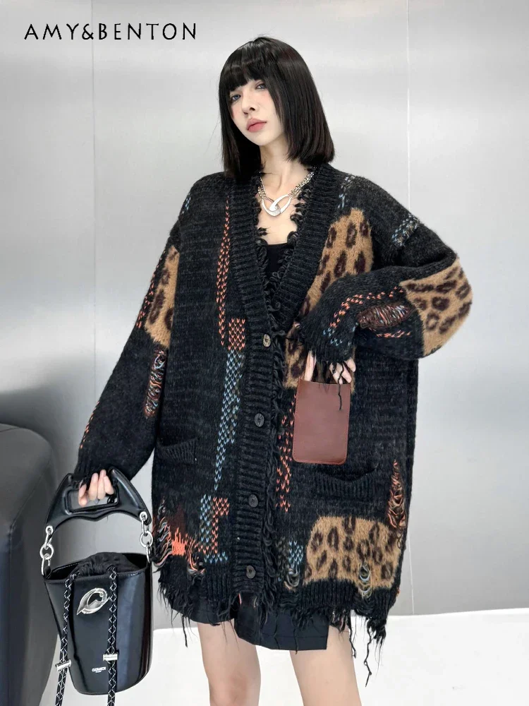 Estação europeia moda personalizada com decote em v leopardo impressão de malha cardigan outono inverno moda oversized meados de comprimento cardigan