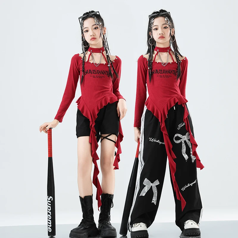 

Girls K-pop Irregular Crop Top Street Dance Cargo Pants Girl Group Clothes Set Kid Jazz Cute Costume Children Hip Hop Streetwear