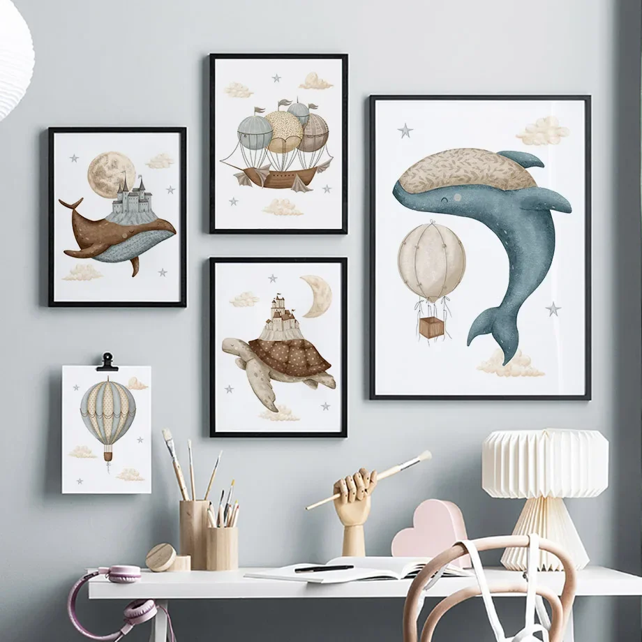 Whale Turtle Castle Balloon Nordic Nursery Wall Art Posters Art Prints Canvas Painting  Pictures Baby Kids Room Home Decoration