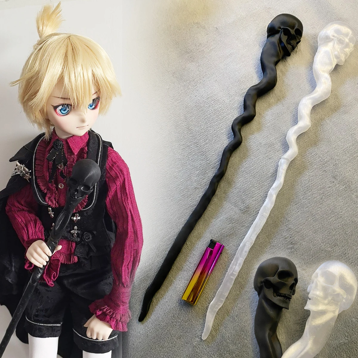 D09-P336 children handmade toy  1/4 1/3 bjd Doll Accessories photo props white black skull Skeleton Scepter Cane 1pcs