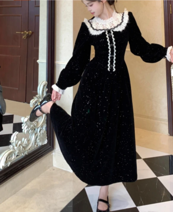 فستان نسائي للخريف والشتاء مقاس كبير أنيق من الدانتيل الفرنسي بياقة بيتر بان وأكمام طويلة على شكل حرف a فساتين حلوة عالية الخصر #4