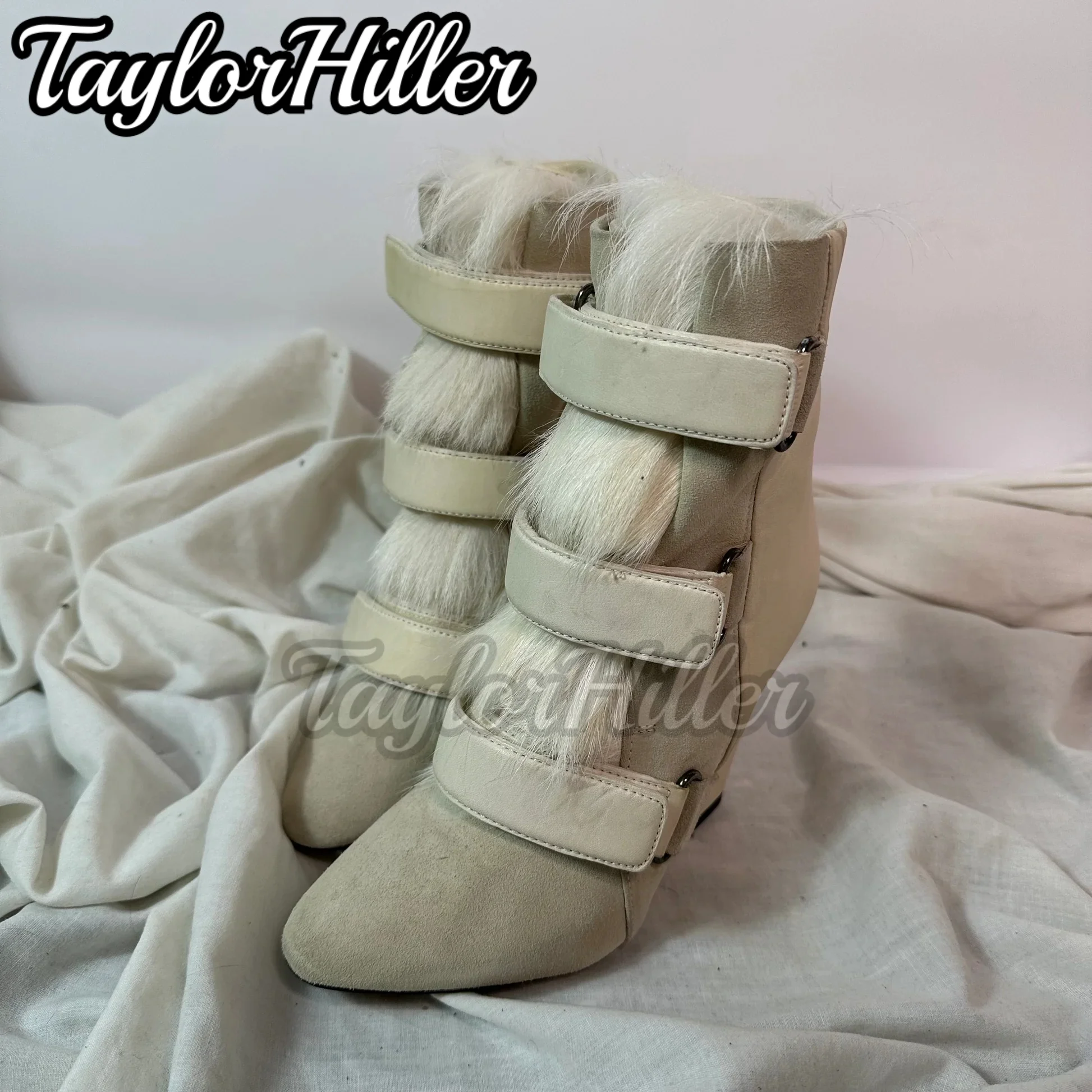 Black Fur Boots Pointed Toe Botas Women Luxury Designer Shoes Multi Buckle 2025 New Winter Sport Mid-calf Booties Solid Zapatos view 3
