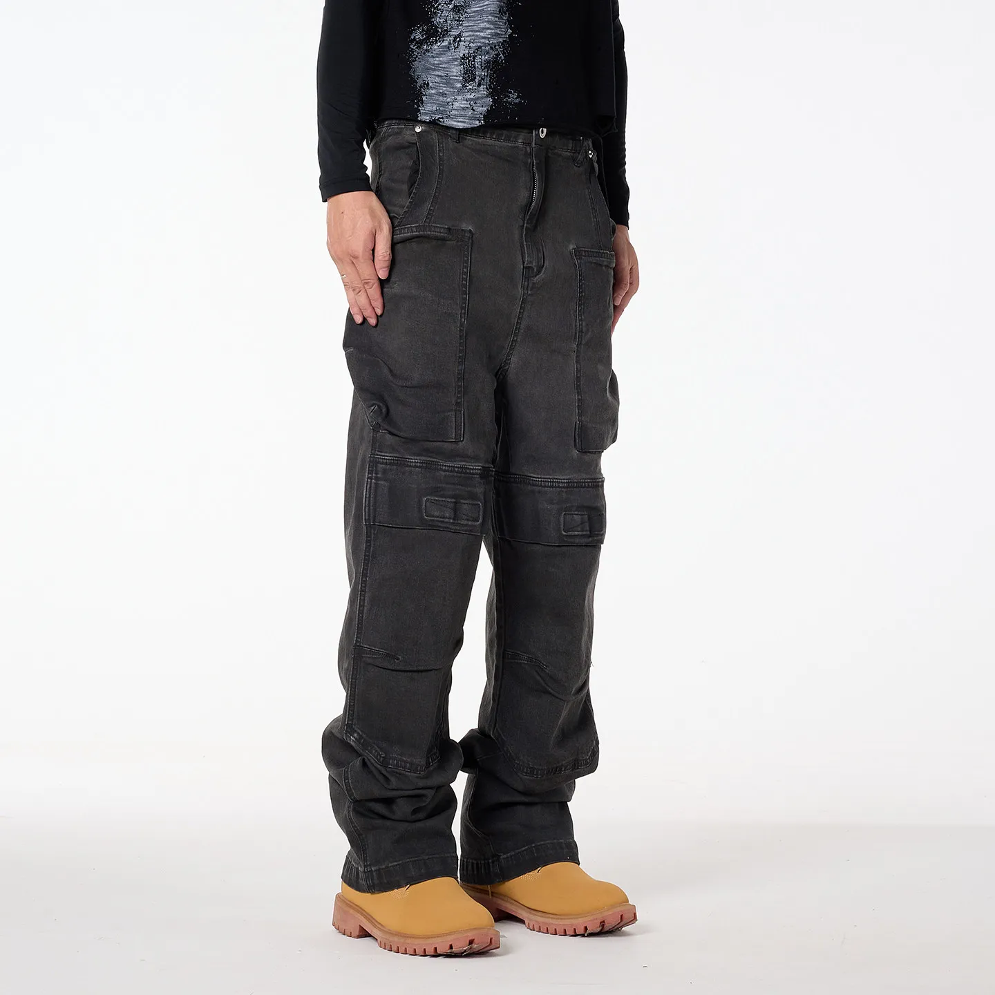 Fashion American Retro High Street Multi-Pocket Spray Dirty Washed Distressed Tactics Cargo Jeans Men