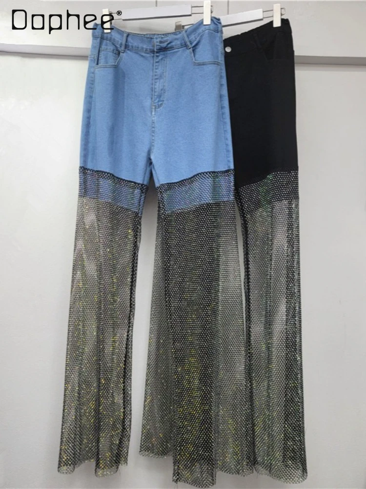 

Осенние новые полые ажурные джинсы со стразами, горячие просверленные дизайнерские прямые джинсы в стиле пэчворк для женщин, брюки в уличном стиле, джинсы для женщин