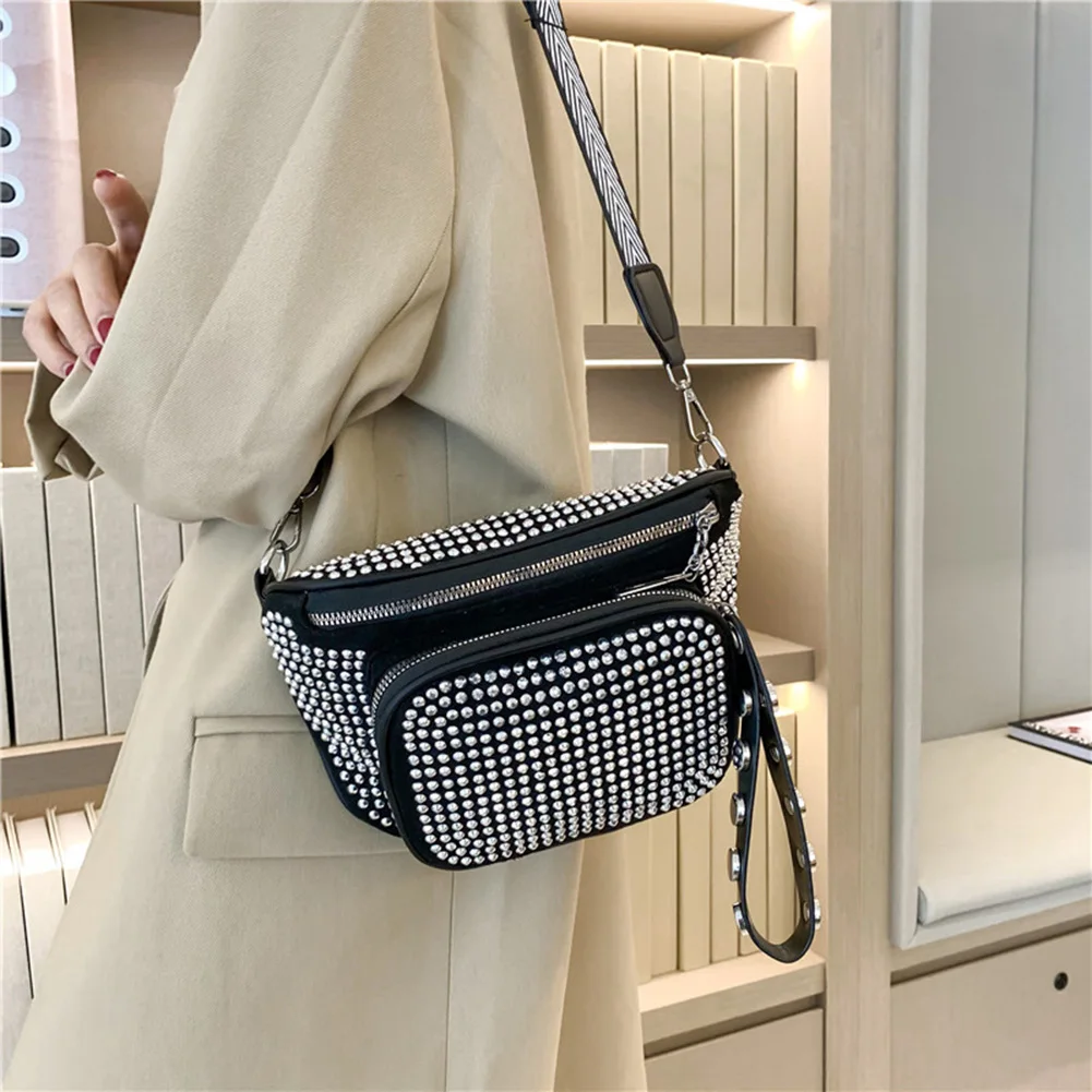 Fashion Sling Waist Pack PU Leather Women Hip Bum Bag Rhinestone Diamond Crossbody Handbag Zipper Wide Strap Saddle Purse