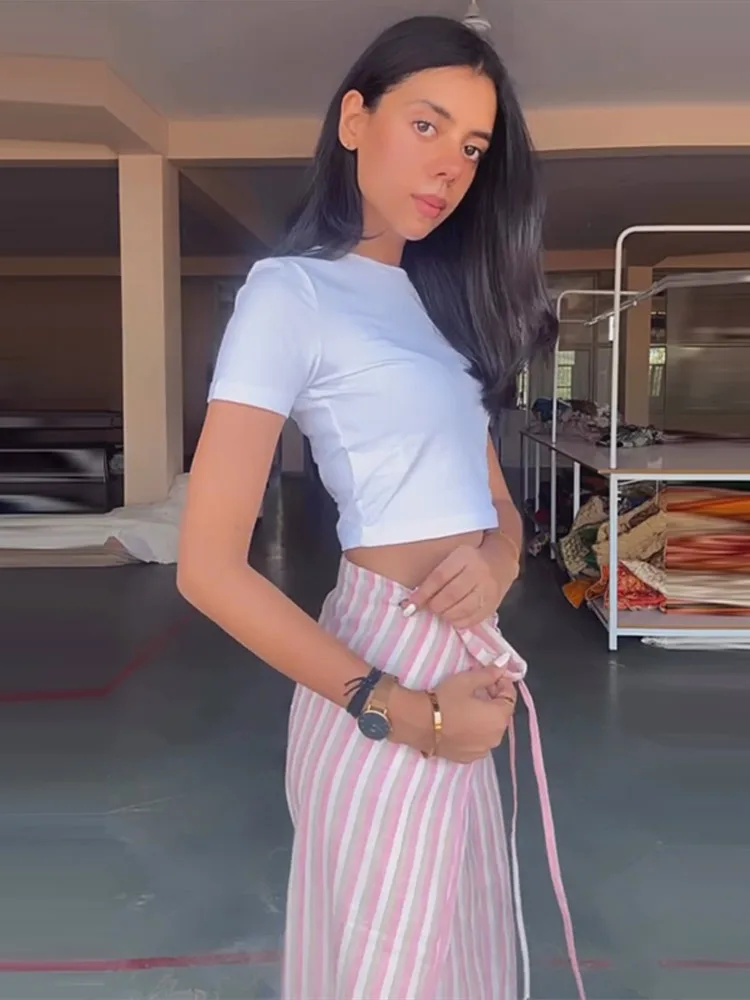 2026 Summer Autumn Fashion Striped Women's Pants Lace-Up Adjustable Low Waist Lady Wide Leg Pant Female Street Bottoms New
