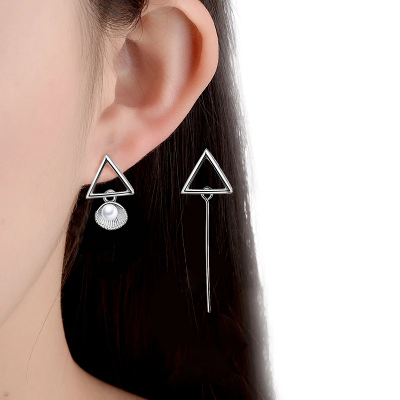 New Fashion Triangles Pendant Shell Freshwater Pearl Drop Earrings Women 925 Sterling Silver Jewelry Asymmetrical Stud Eardrop