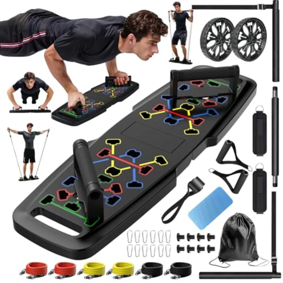 

Доска для отжиманий Push Up Board: портативное домашнее тренажерное оборудование с пилатес-баром и 20 фитнес-аксессуарами, включая эспандеры и A-образную доску.