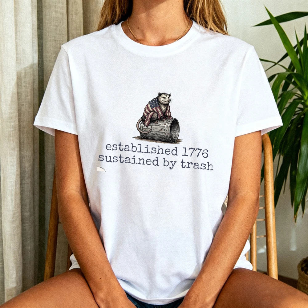 

Established 1776 Sustained By Trash Shirt Funny Opossum Tee Patriotic Feral Unisex Tops 250th Anniversary 4th of July Meme Tops