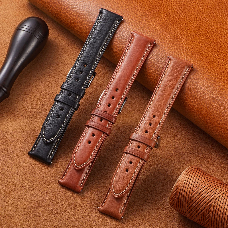 Retro Vegetable Tanned Leather Strap 18mm 19mm 20mm 21mm 22mm Universal Top Layer Cowhide Strap accessory Buckle S95