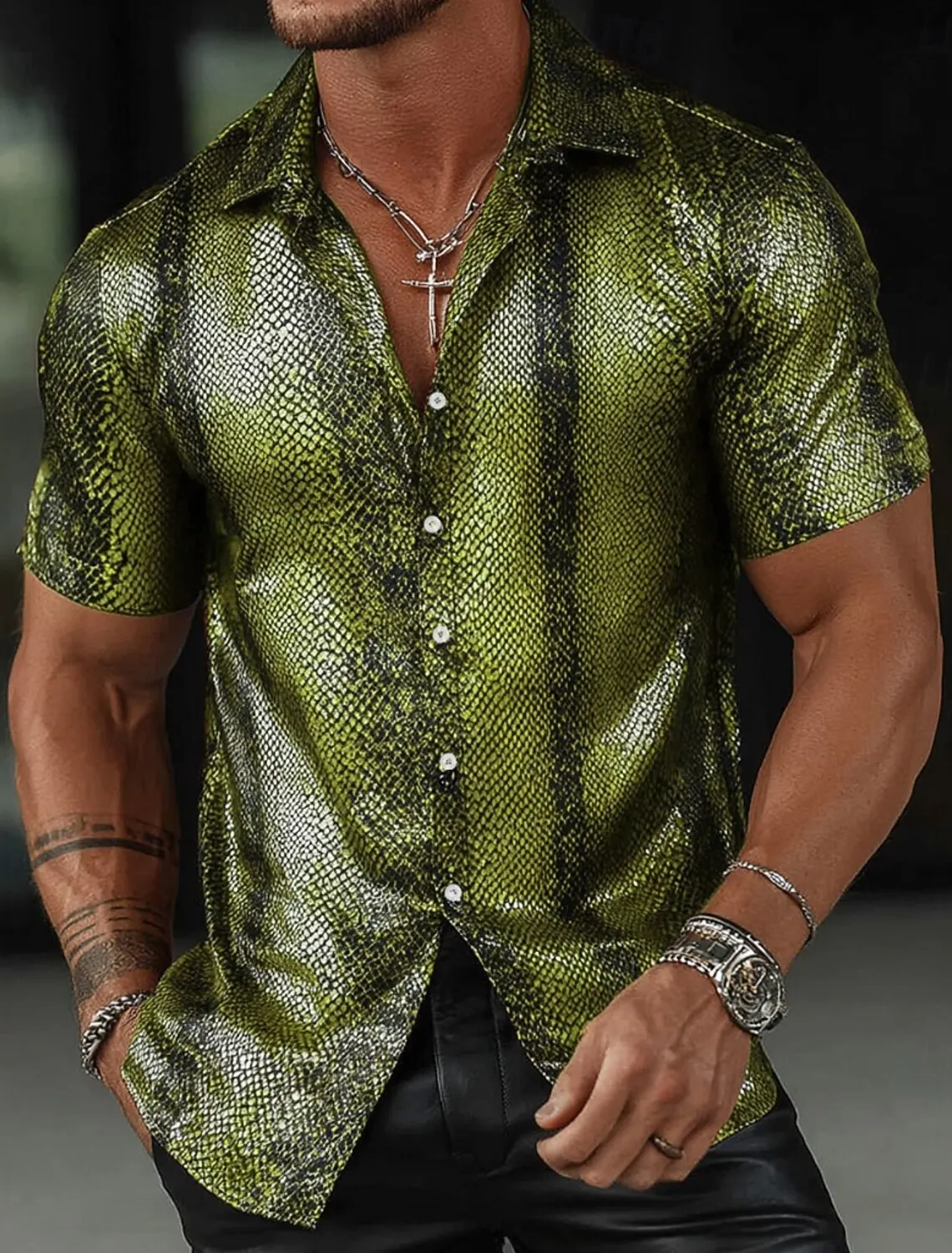 Men's Snakeskin Gradient 3D Print Shirt, Short Sleeve Button Up Collar, Retro Streetwear Daily Wear for Spring & Summer