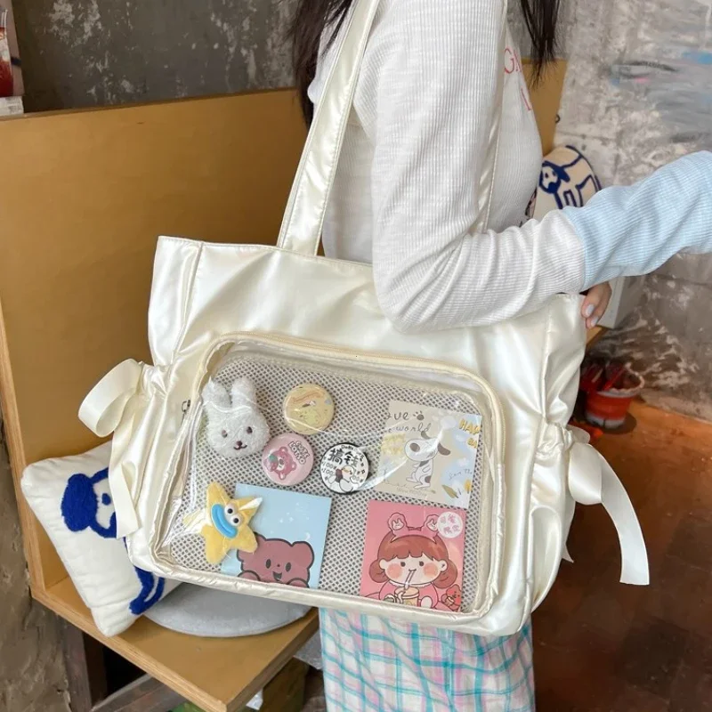 

Y2K Cute Fashion Bow Shoulder Bag Sweet Women Large Capacity Ita Bag Nylon Korean Style Trend Tote Bag Kawaii Female Handbag