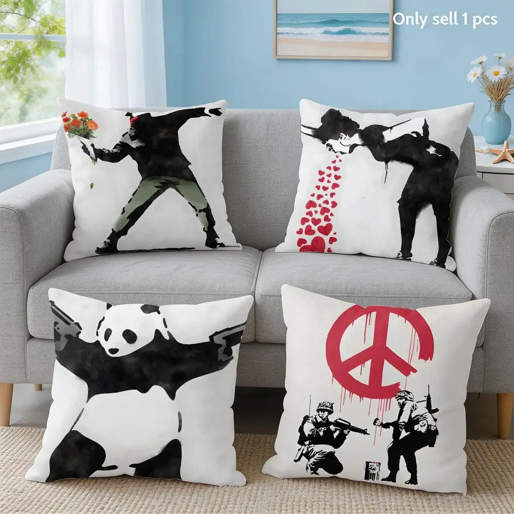 B-Banksy Street Graffiti Art Cushion Cover Soft Short Plush Throw Pillow Cover Hidden Zipper Cutecore Sofa Bedroom Home Decor