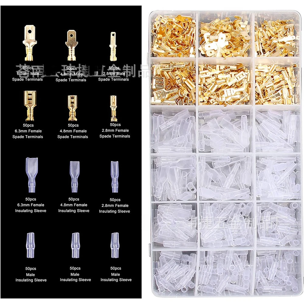 600PCS Male Female Bare Spade Terminals with Insulating Sleeves, Crimp Wire Connector Kit with Crimping Pliers