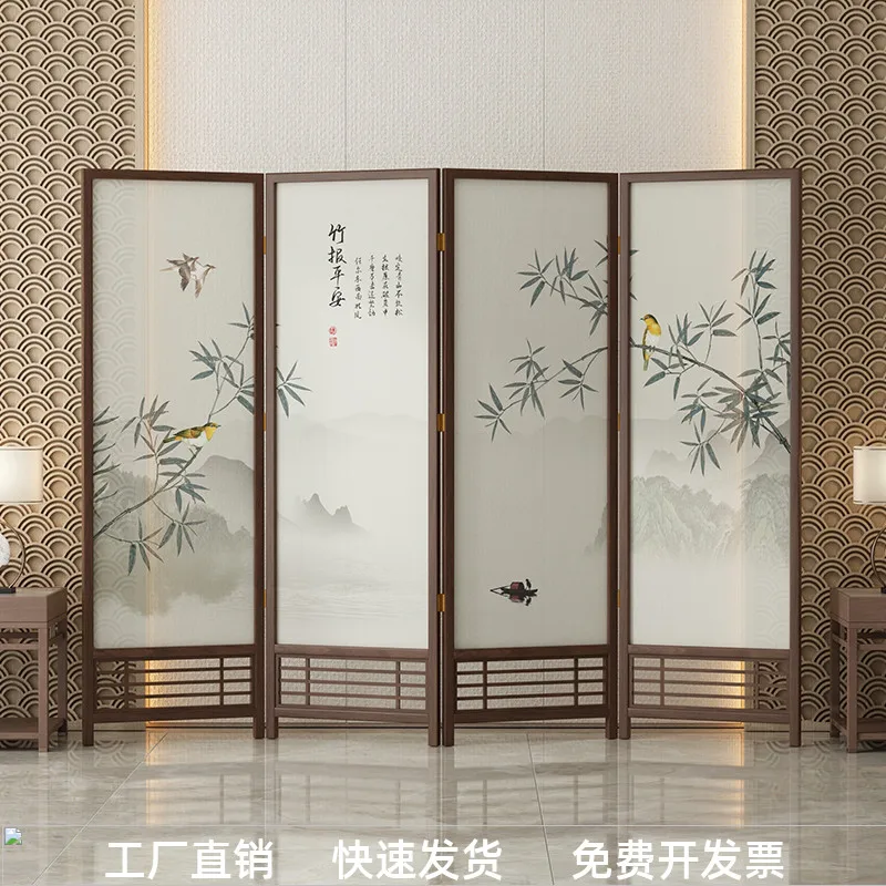

New Chinese landscape bamboo for safety solid wood folding mobile hollow screen partition meeting room tea room office