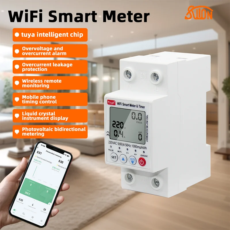 Tuya Smart WiFi Circuit Breaker Switch 63A Bi-Direction Measuring Earth Leakage Over Under Voltage Protector Energy Power Meter