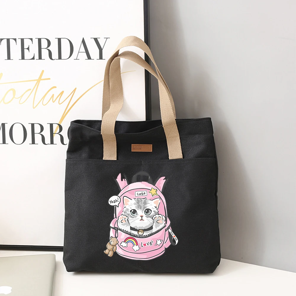 Women's Canvas Tote Bag Kawaii Cat Large Capacity Tote Top-Handle Zipper Bags for Work,school,daily,shopping Laptop Bags Gift