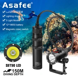 Asafee DT12 150M Underwater 5000LM SBT90 LED Lamp Diving Flashlight IPX8 Waterproof Scuba Torch Built-in 12Pcs Battery Lantern