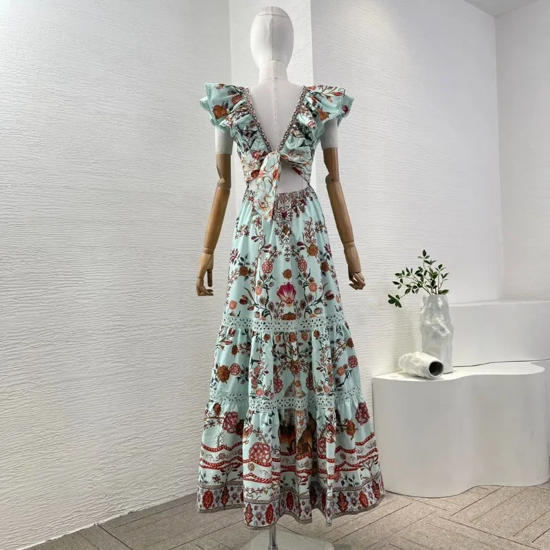 Women's Green Floral Print Wood Vintage High Quality 2025 New Fashion Ear Deep V Neck Maxi Dresses for Holiday