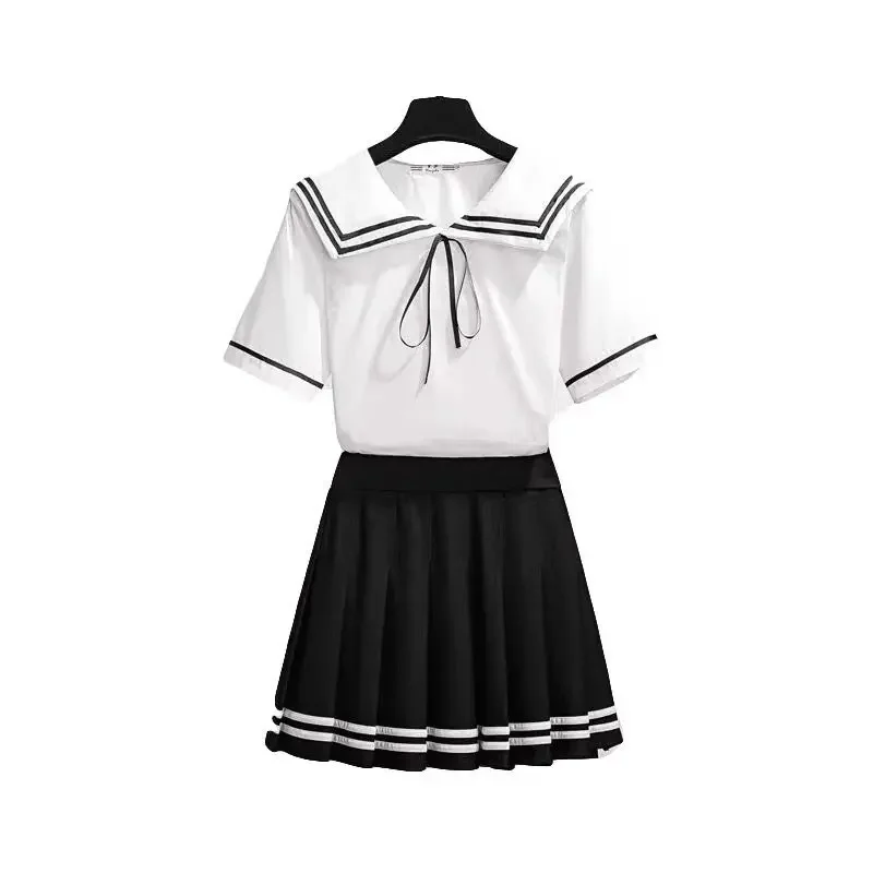 Set 2024 Summer New Short Sleeve French Navy Collar Shirt Women's Pleated Skirt High Waist Short Skirt Two-piece Set