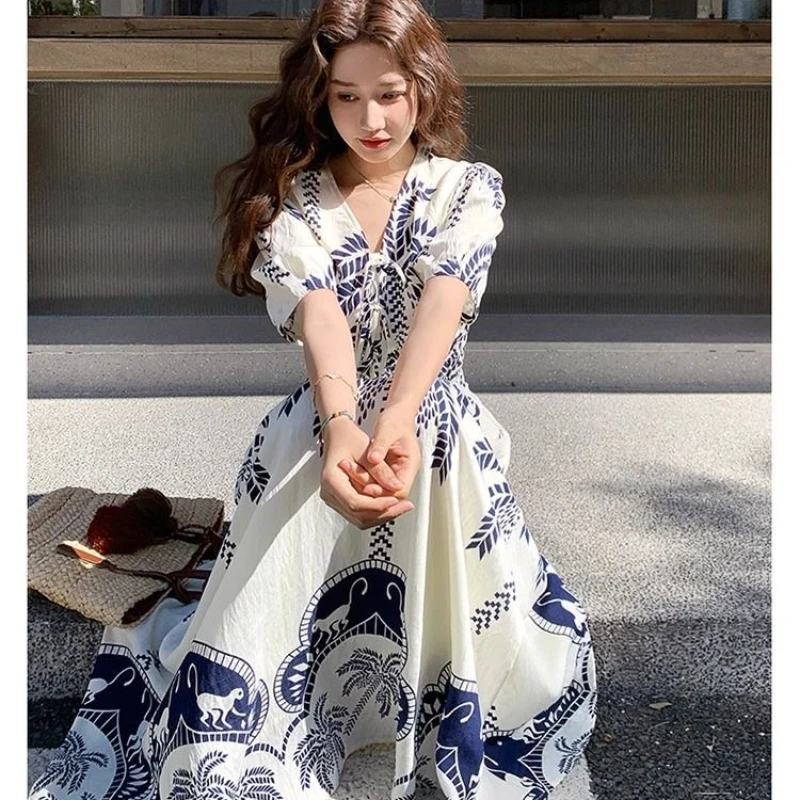 2025年夏新作 レディース ロングワンピース ゆったり カジュアル ボヘミアン風 リゾート風 プリントワンピース