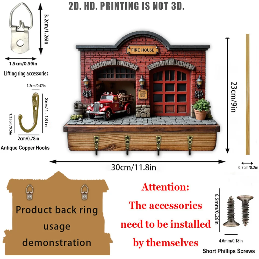2D Flat, 1pc, Vintage Fire Truck Fire Station Key Hook Wooden Multifunctional Home Key Hook with Four Metal Hooks, Wall