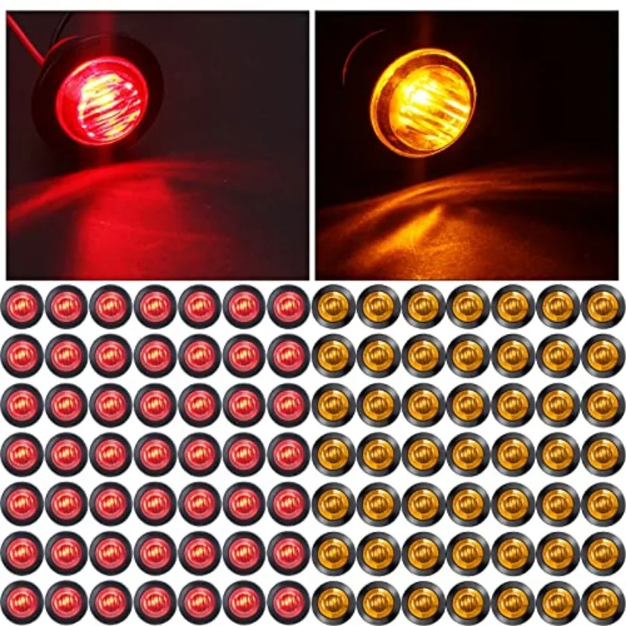 

100 Pieces 3/4 Inch Round LED Side Marker Lights, 3 LEDs Front Rear Side Indicator Lights Yellow and Red Turn Signal Lights IP6