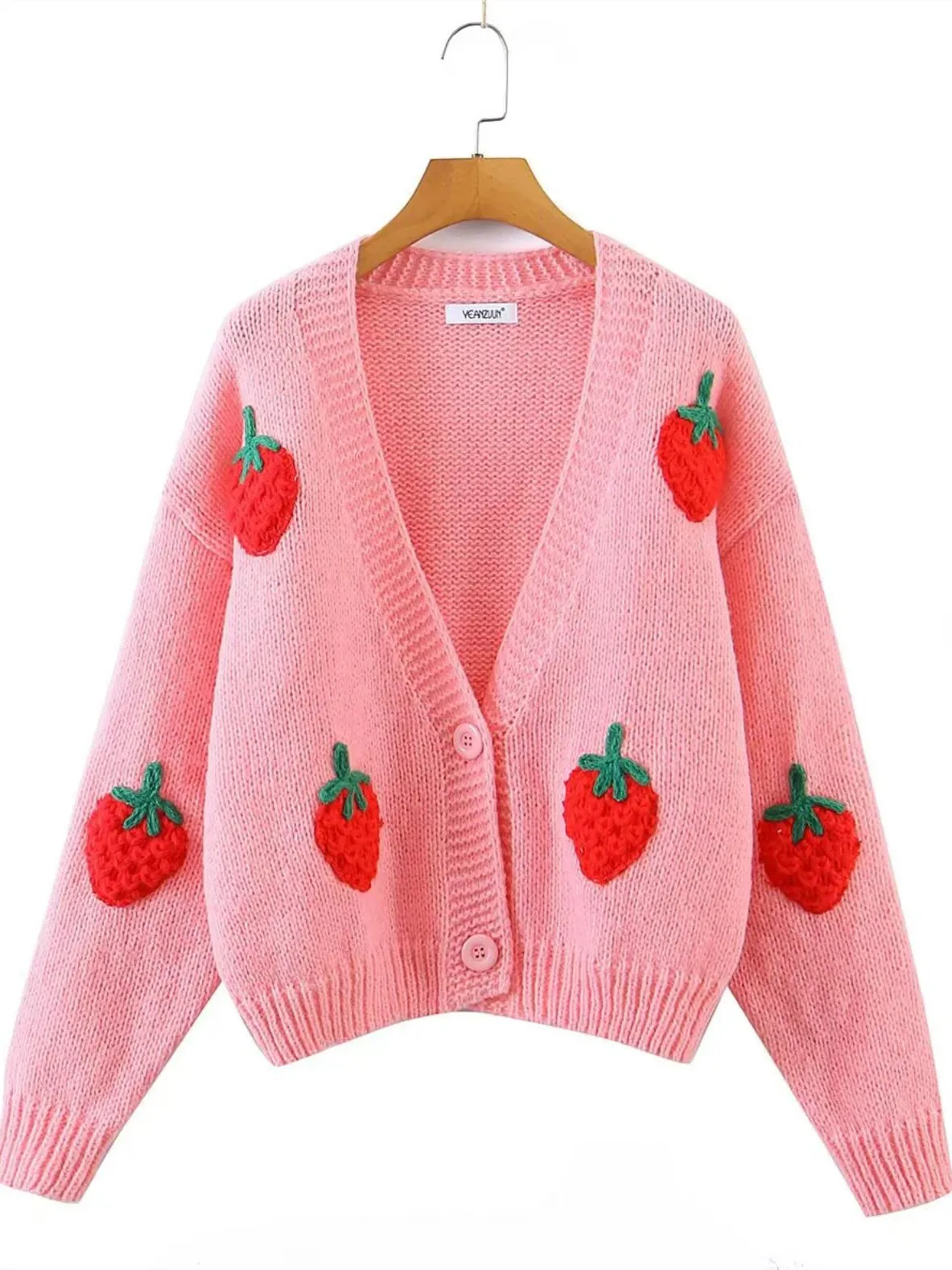 2022 Sweet Fruit Strawberry Knitted Ball Cardigan Beige Vintage Woman V neck Buttons Long sleeve Sweater Knitwear Jumper Pink