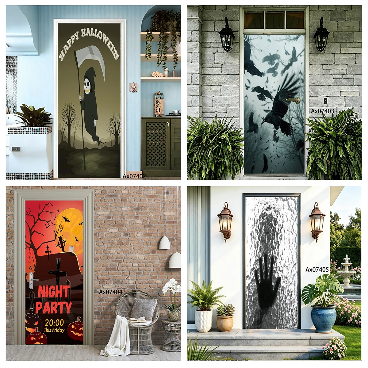 Door Decal Waterproof Removable Halloween Grim Reaper Scythe Spooky Tree Silhouette Sticker Home Entry Door Decor Self Adhesive