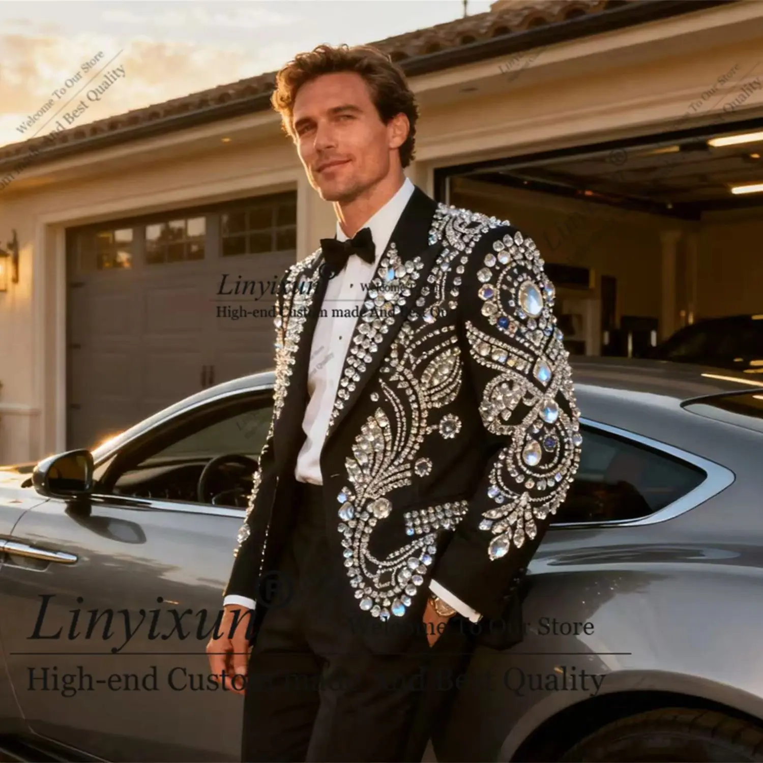 

Роскошный мужской костюм высокого класса с бриллиантами и кристаллами, комплект из 2 предметов, мужские пиджаки для жениха, приталенные свадебные смокинги по индивидуальному заказу, модные Ropa hombre