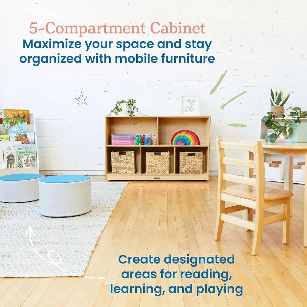 Preschool Classroom Furniture: Natural 5-Compartment Mobile Storage Cabinet