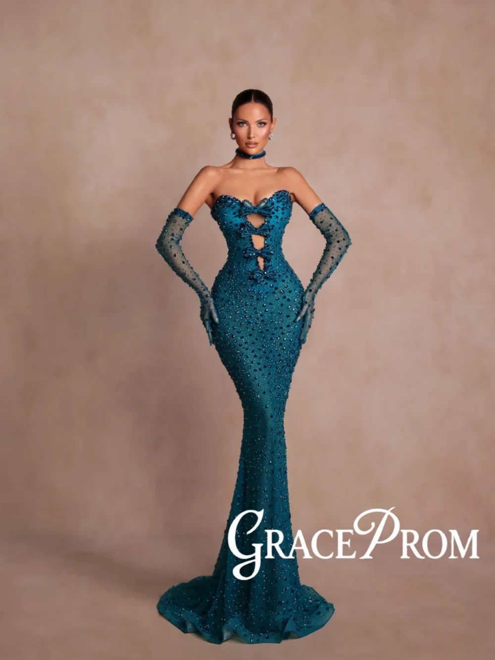 

Dazzling Blue Bow Crystal Evening Dress Without Gloves Long Strapless Mermaid Wedding Party Gown New Customized Red Carpet Gowns