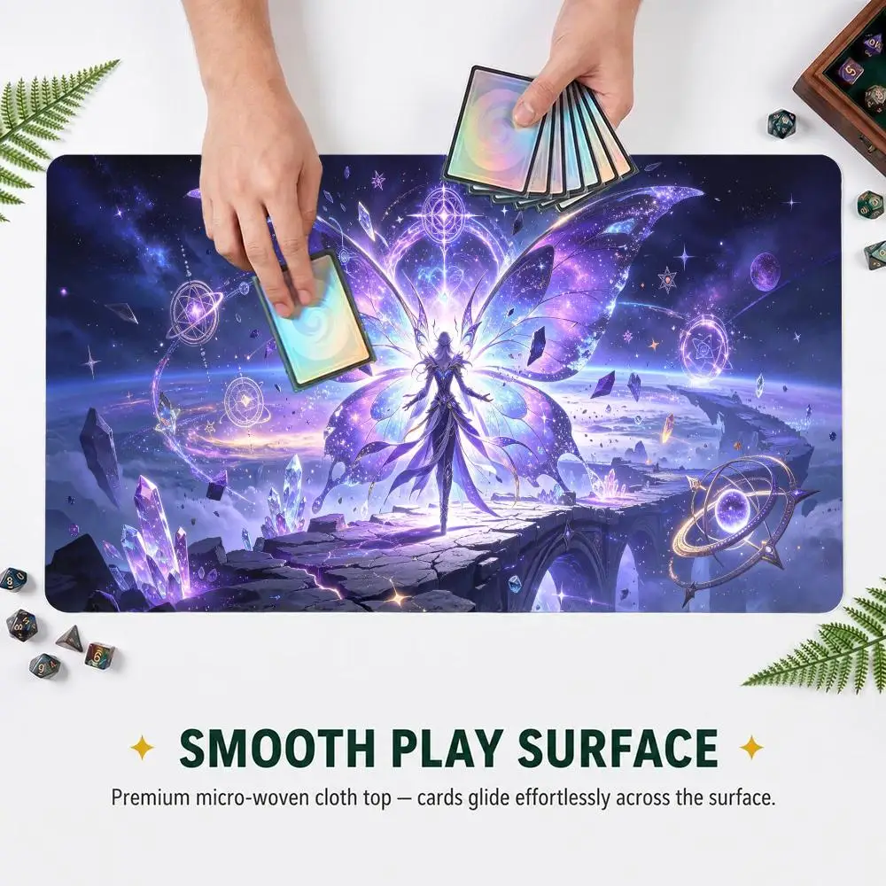 60X35CM Cosmic Crystal Butterfly Fairy TCG Play mat Non-Slip Rubber Base Stitched Edge Table Mat for Card Game Desk pad